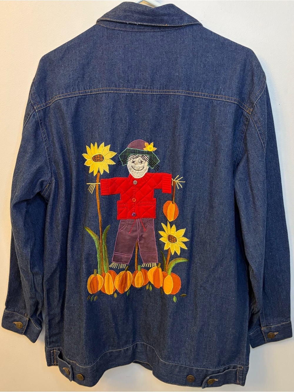 Quacker Factory Fall Harvest Joy scarecrow embroidered denim jacket size large